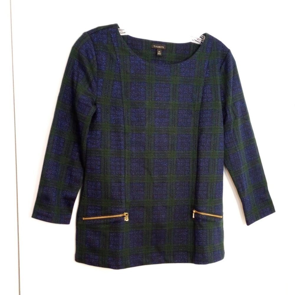 Talbots Zipper Accent Jacquard top in Black Watch Plaid